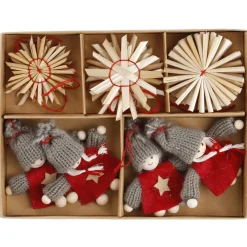Clearance 16er Set Strohanhänger Mädchen/Sterne, Rot/grau Weihnachtsbaumschmuck|Weihnachtsdeko
